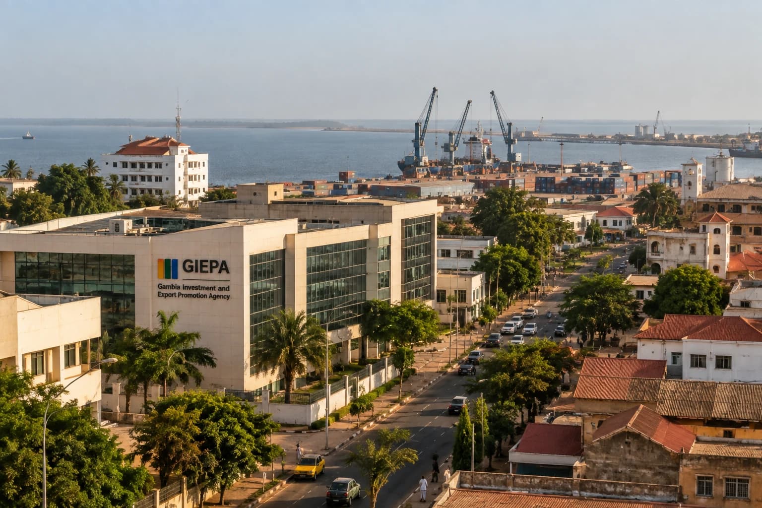 City skyline representing cross-border investment and market entry in The Gambia