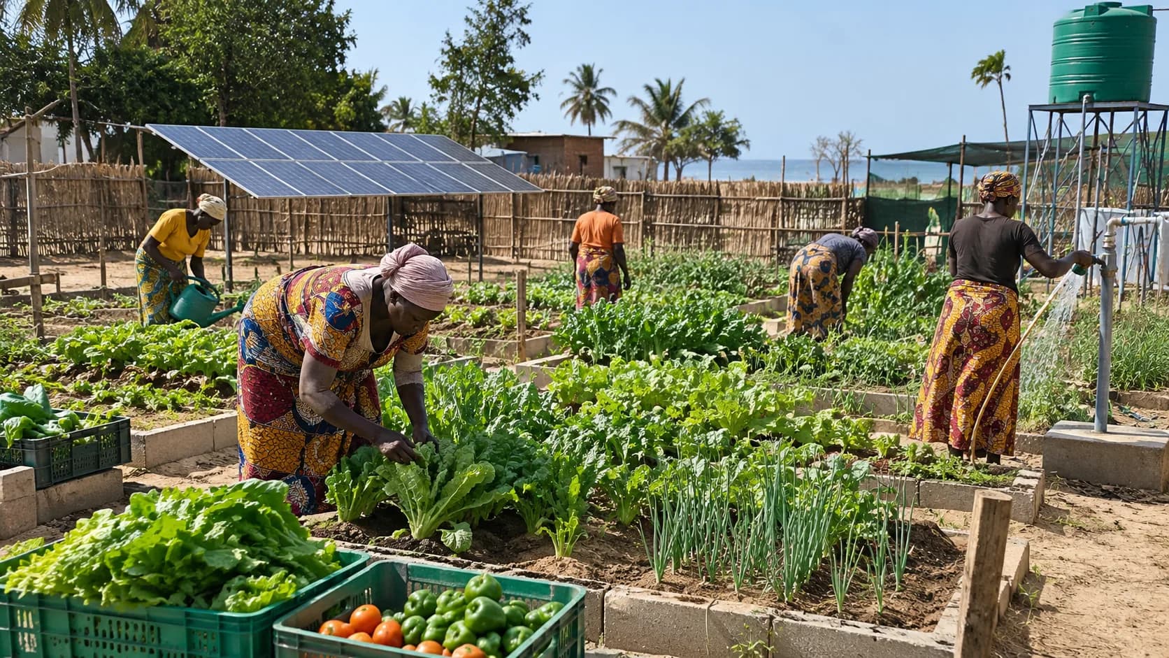 Women tending and harvesting raised vegetable beds beside a solar array and water tank, with crates of fresh produce in the foreground